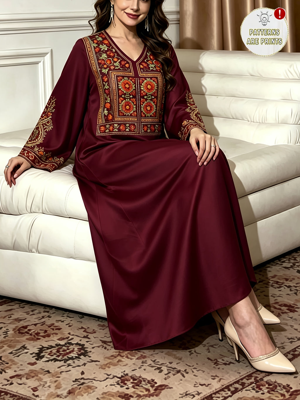 Robe longue grande taille — Bordeaux à plastron suzani encadré