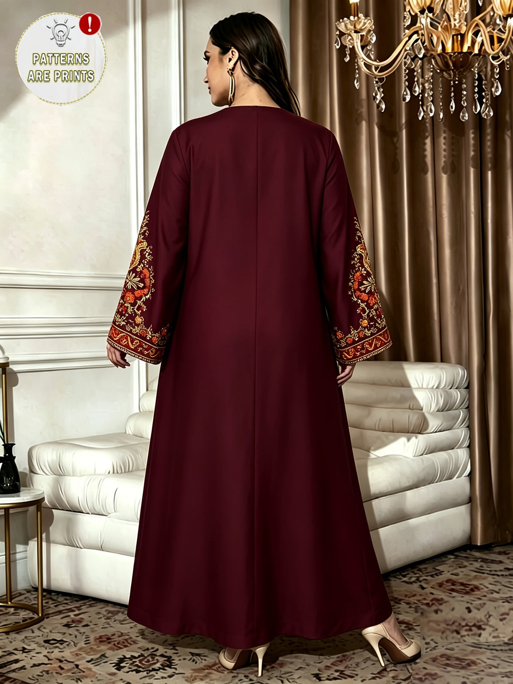 Robe longue grande taille — Bordeaux à plastron suzani encadré