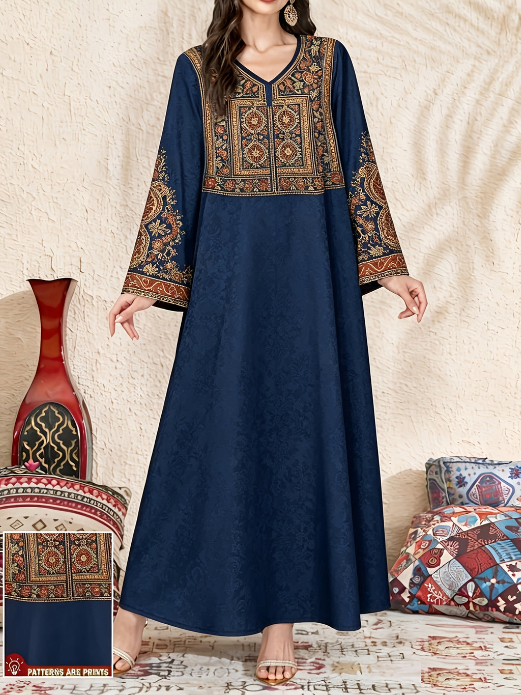 Robe longue grande taille — Bordeaux à plastron suzani encadré