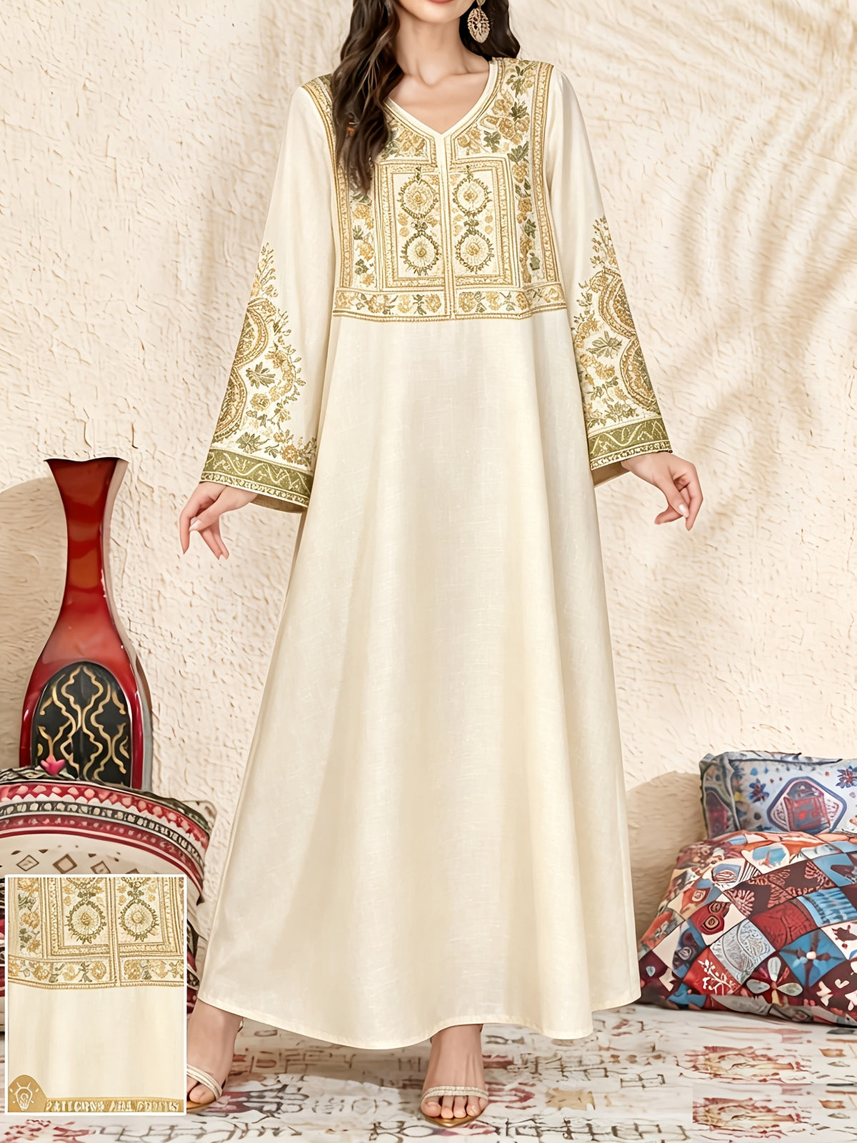 Robe longue grande taille — Bordeaux à plastron suzani encadré