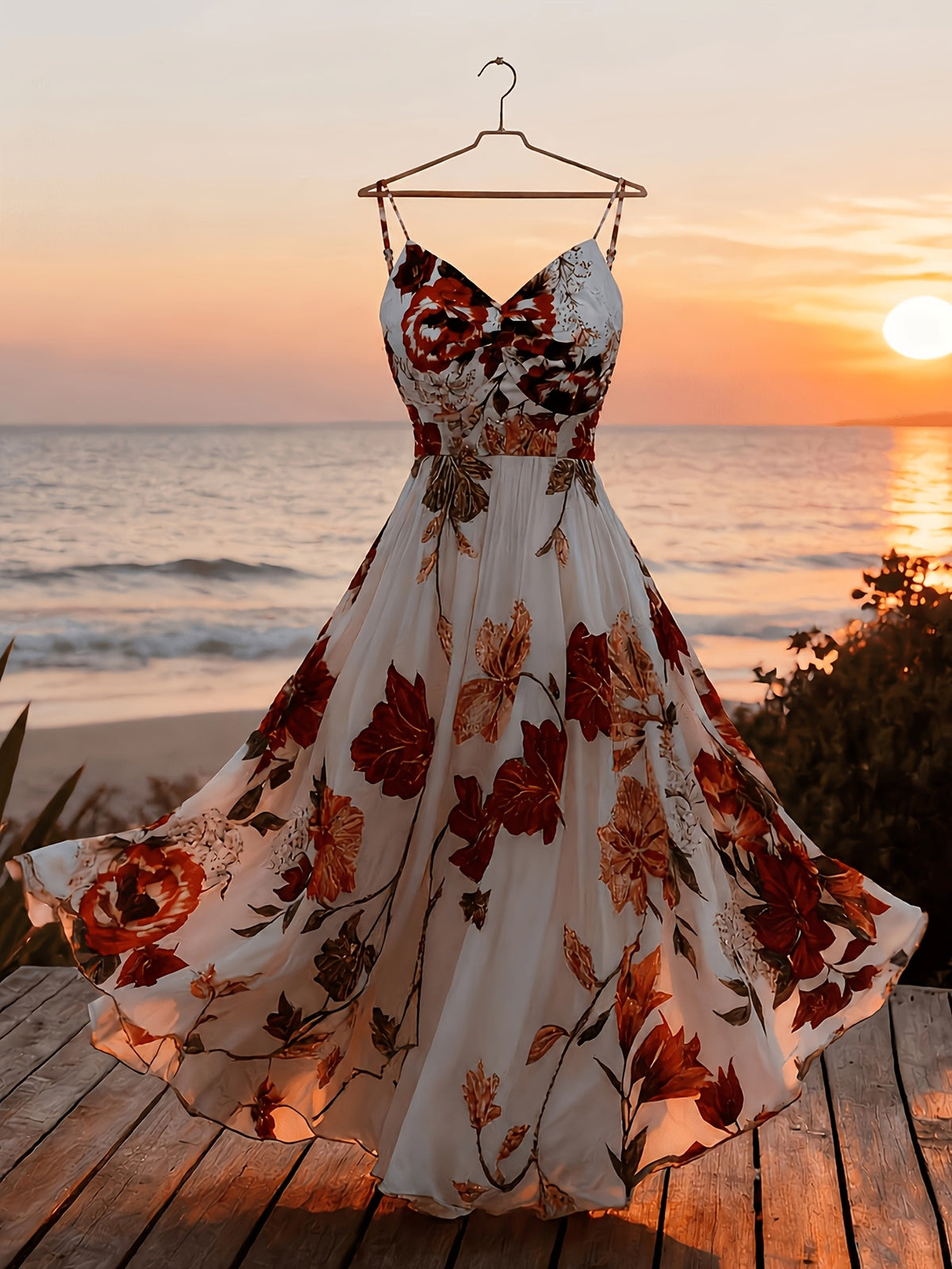 Robe longue grande taille — Bretelles fines et fleurs rouges