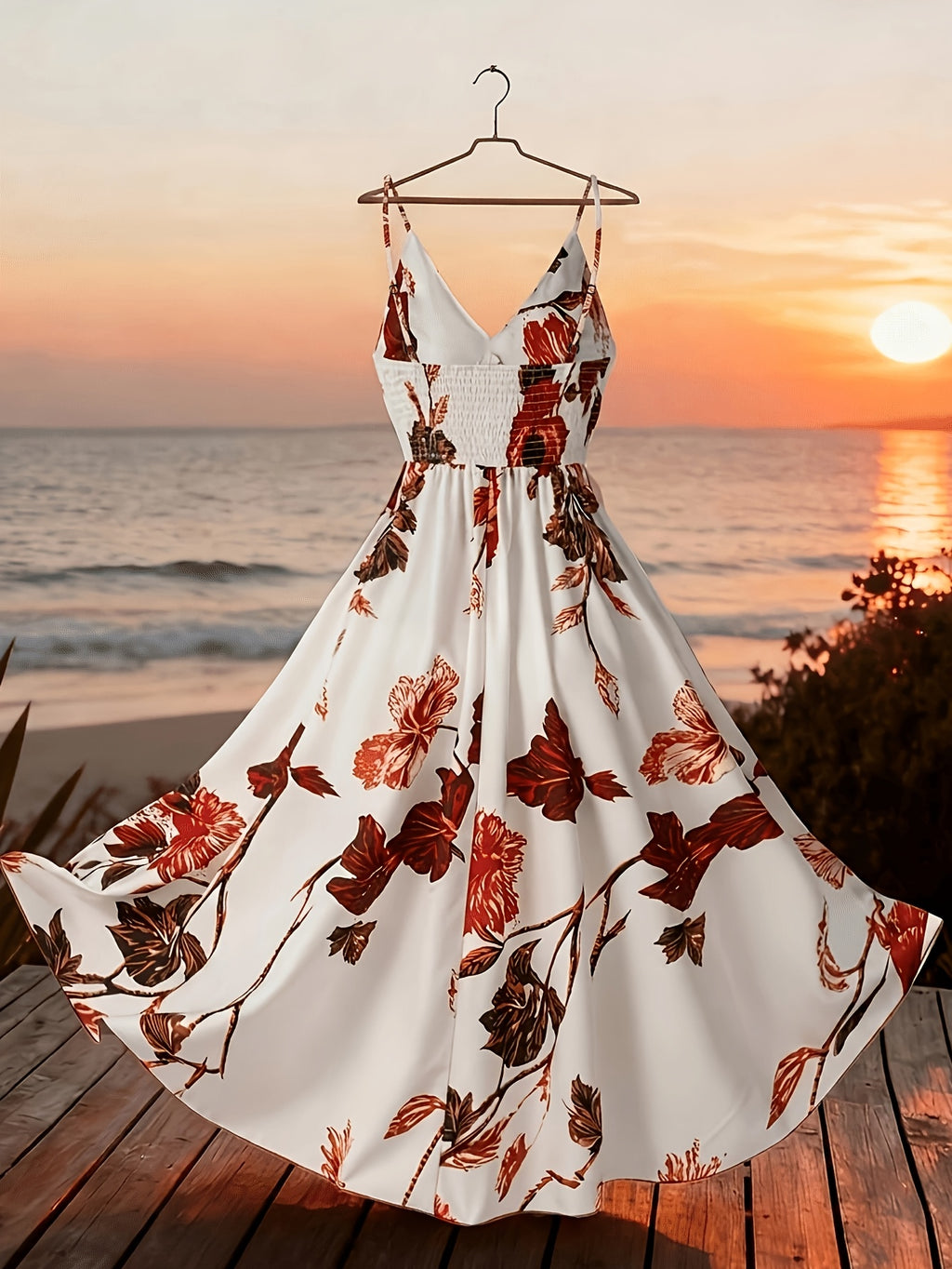 Robe longue grande taille — Bretelles fines et fleurs rouges
