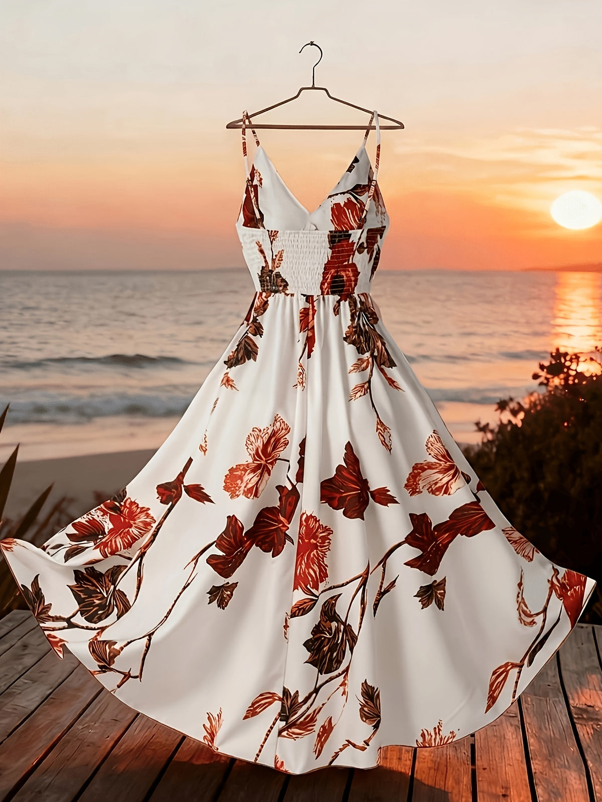 Robe longue grande taille — Bretelles fines et fleurs rouges