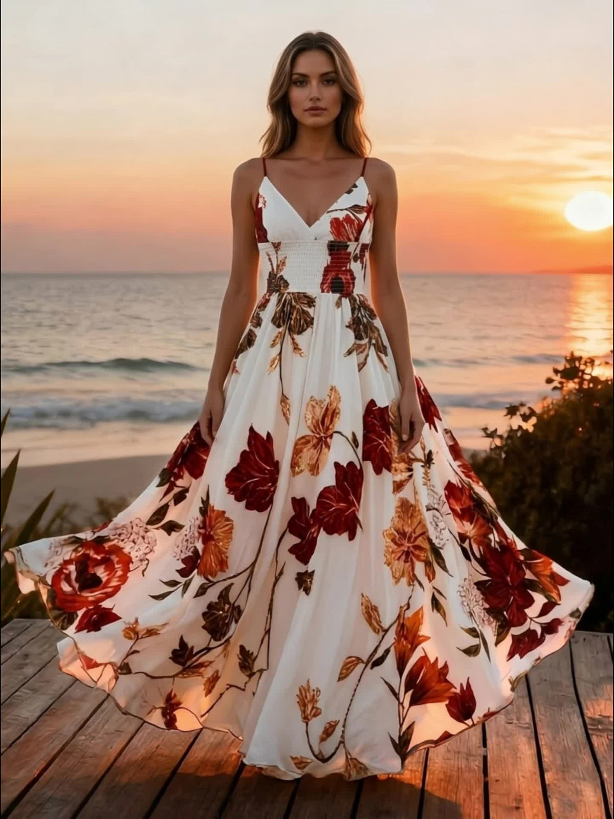Robe longue grande taille — Bretelles fines et fleurs rouges