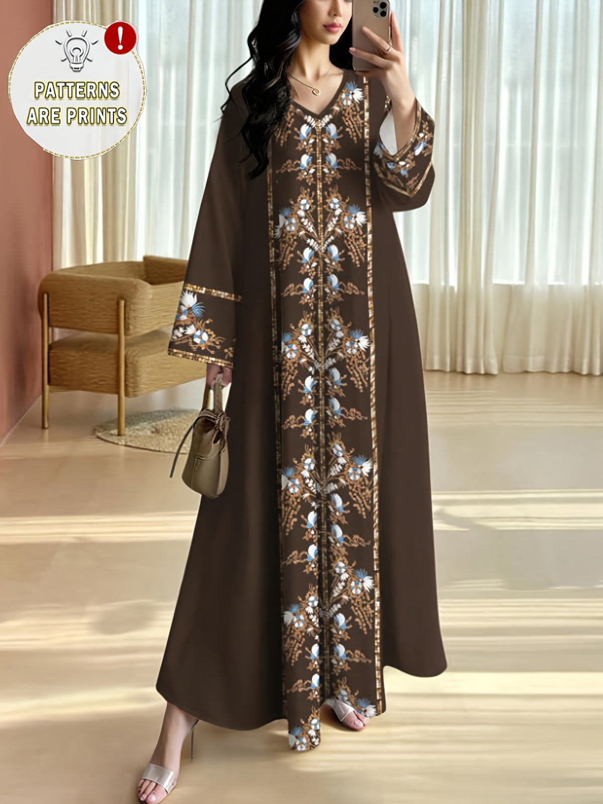 Robe longue grande taille — Brun chocolat à bande florale