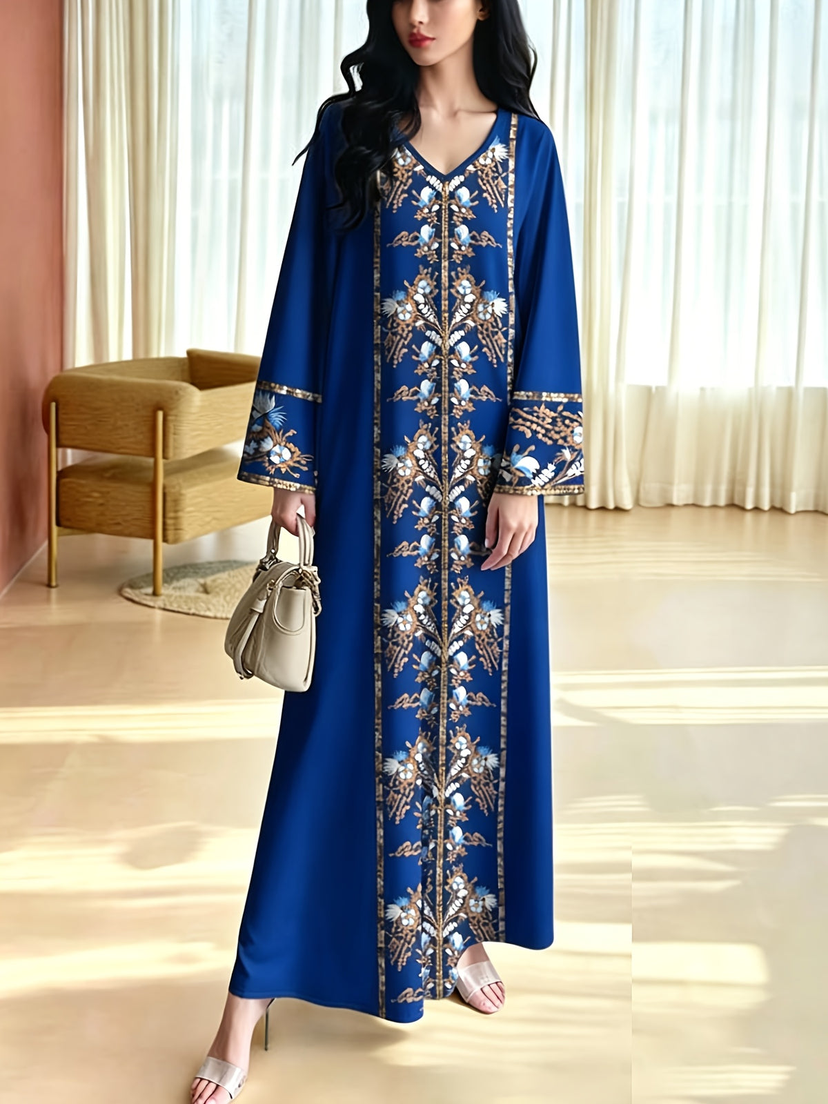 Robe longue grande taille — Brun chocolat à bande florale