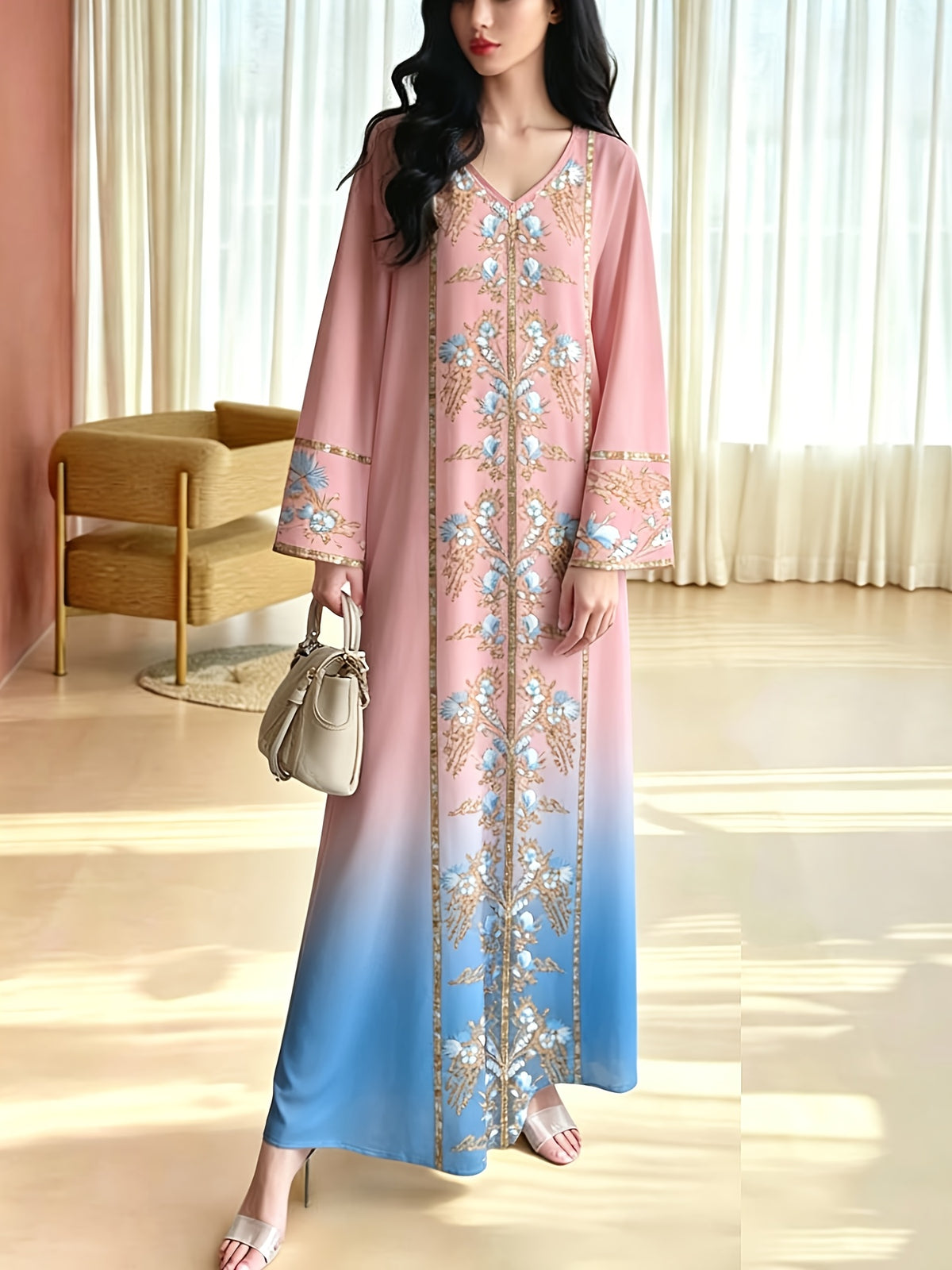 Robe longue grande taille — Brun chocolat à bande florale