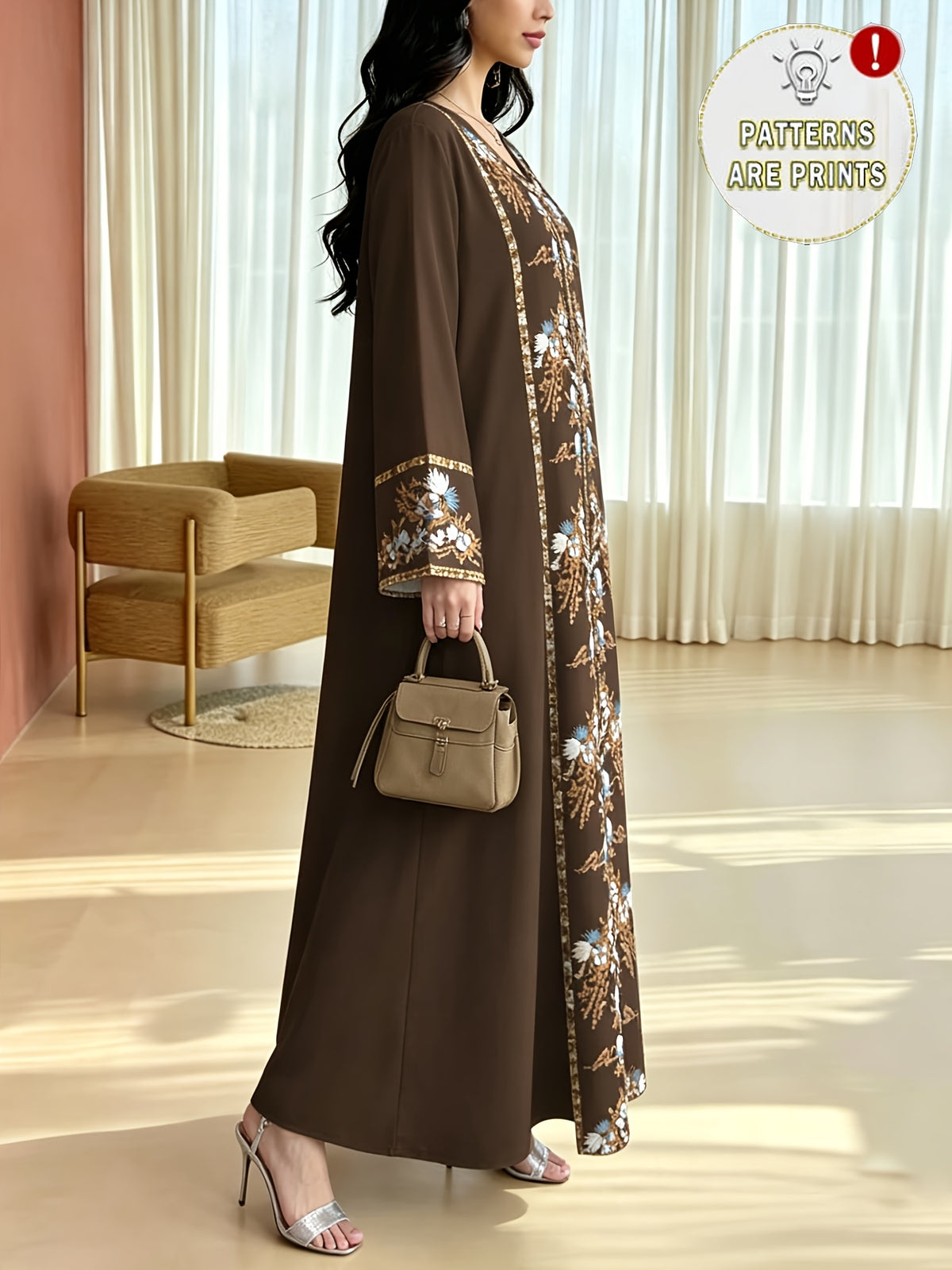 Robe longue grande taille — Brun chocolat à bande florale