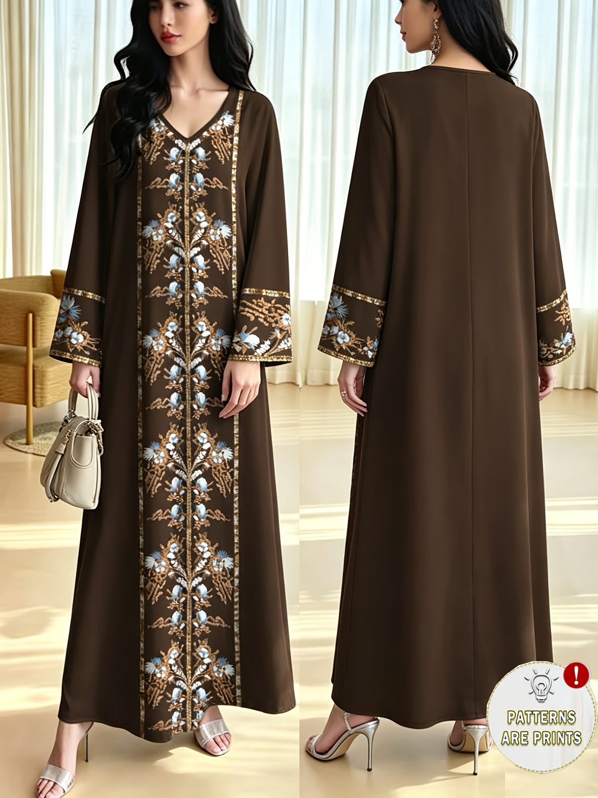 Robe longue grande taille — Brun chocolat à bande florale