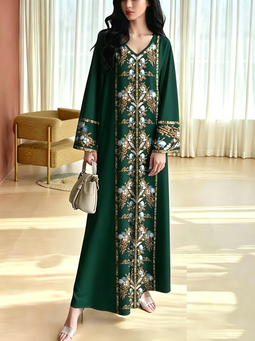Robe longue grande taille — Brun chocolat à bande florale