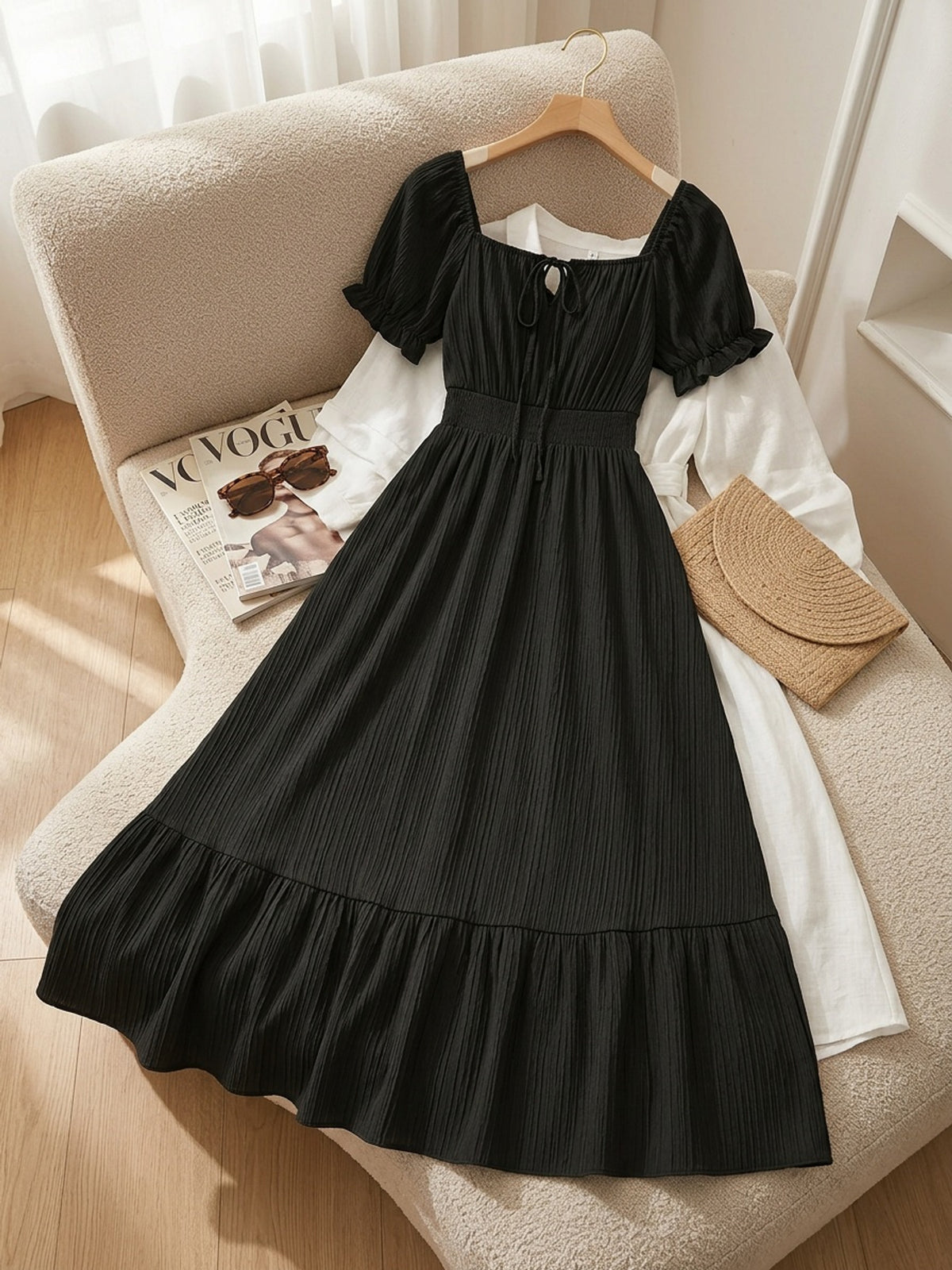 Robe longue grande taille, buste smocké et cordon à nouer