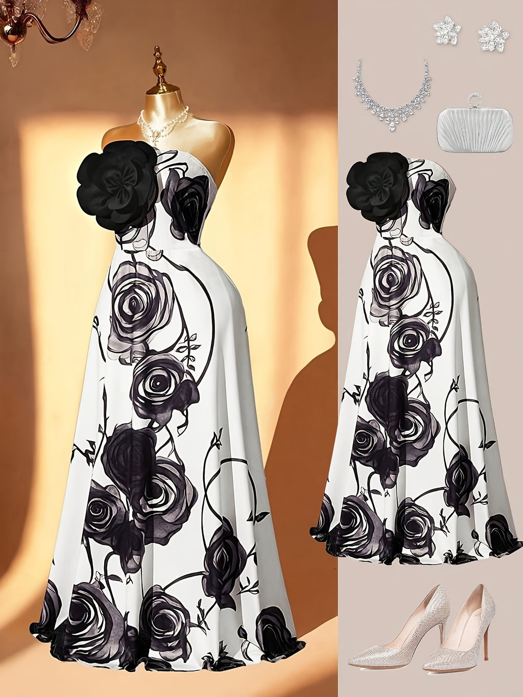 Robe longue grande taille — Bustier à grandes roses imprimées