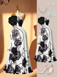 Robe longue grande taille — Bustier à grandes roses imprimées