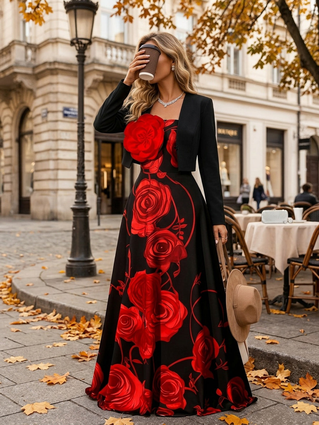 Robe longue grande taille — Bustier à grandes roses imprimées