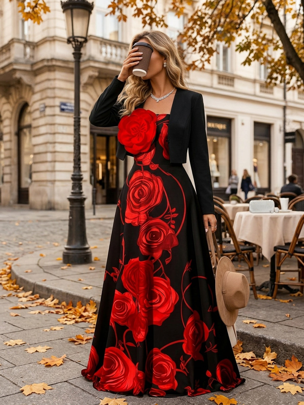 Robe longue grande taille — Bustier à grandes roses imprimées