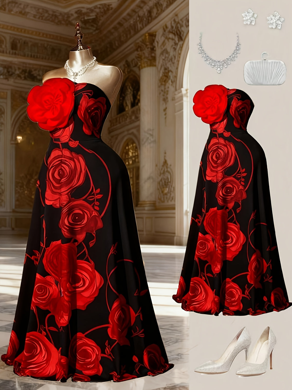 Robe longue grande taille — Bustier à grandes roses imprimées
