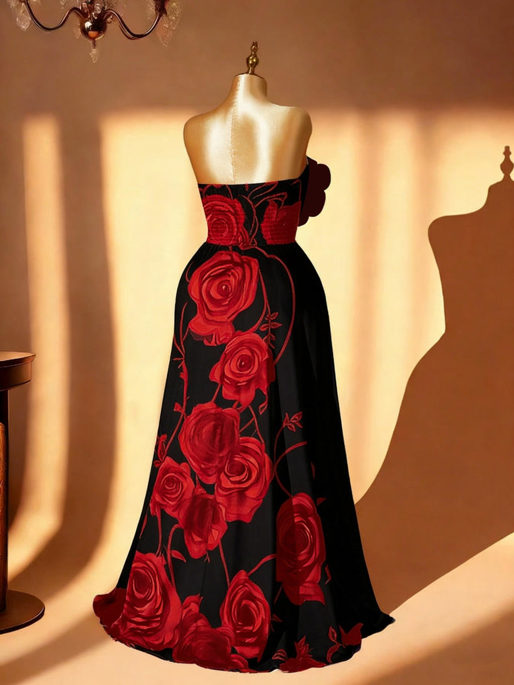 Robe longue grande taille — Bustier à grandes roses imprimées