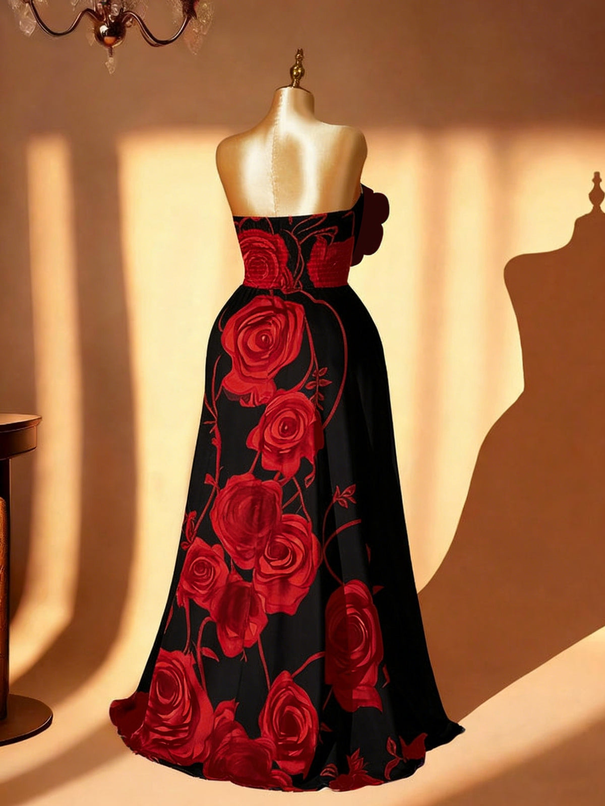 Robe longue grande taille — Bustier à grandes roses imprimées