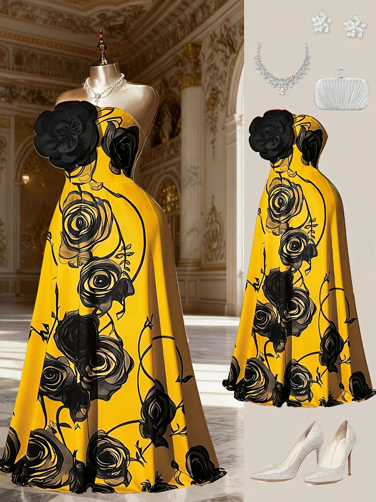Robe longue grande taille — Bustier à grandes roses imprimées