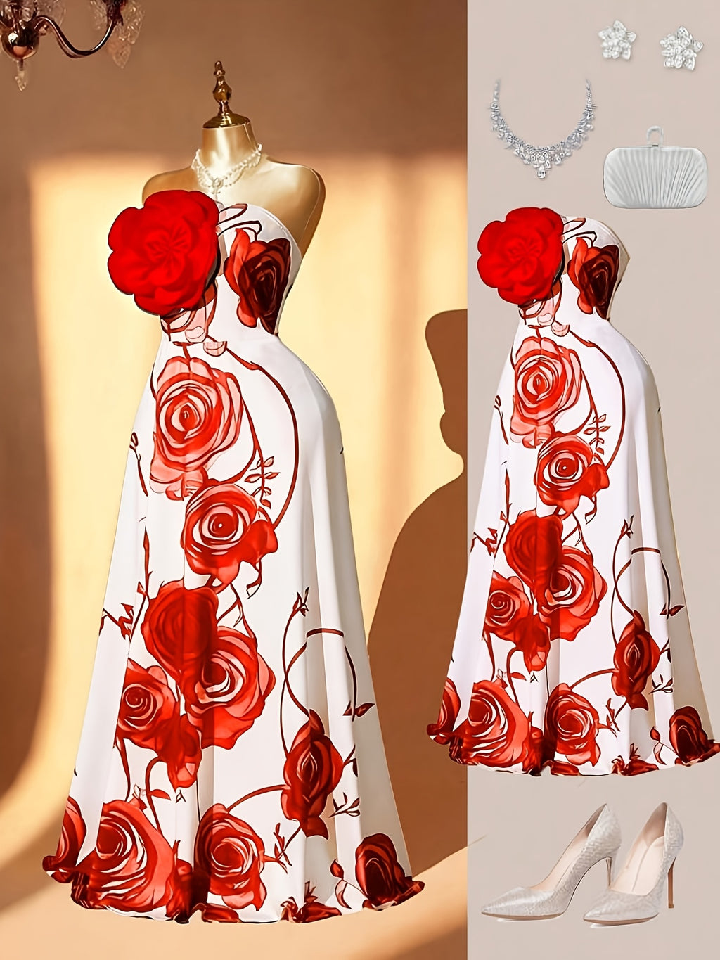 Robe longue grande taille — Bustier à grandes roses imprimées