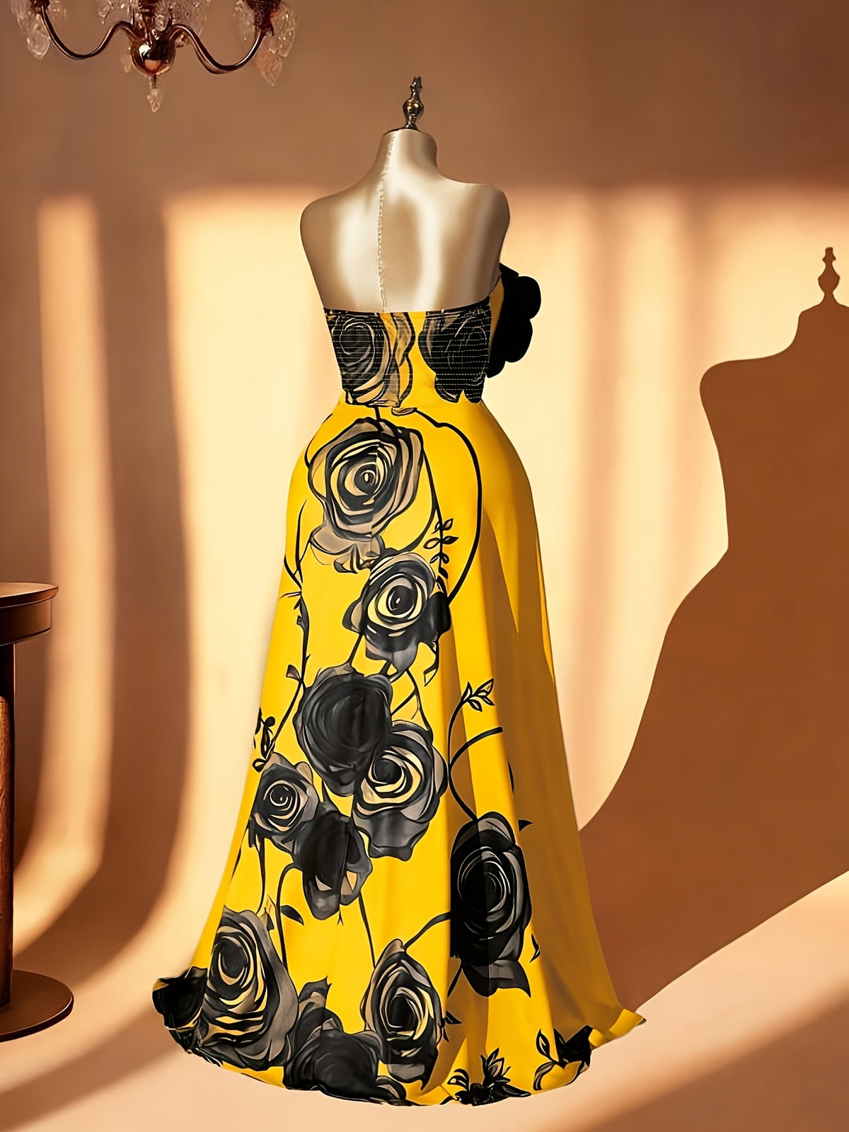 Robe longue grande taille — Bustier à grandes roses imprimées