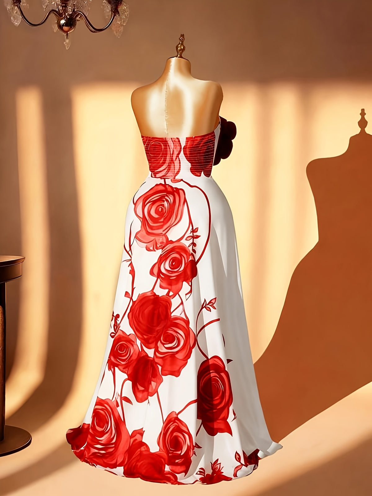 Robe longue grande taille — Bustier à grandes roses imprimées