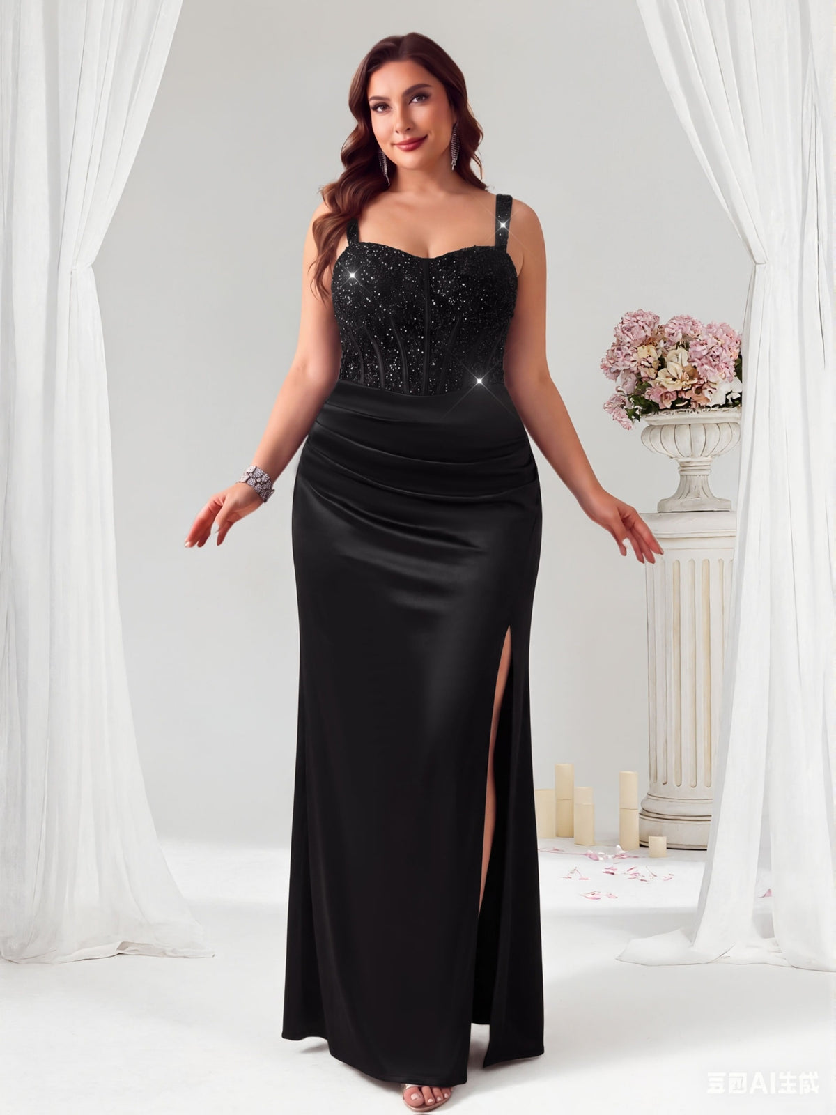 Robe longue grande taille, bustier à sequins et satin drapé
