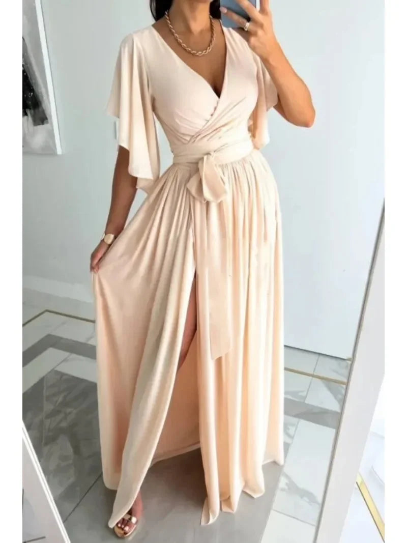 Robe longue grande taille cache-cœur, beige