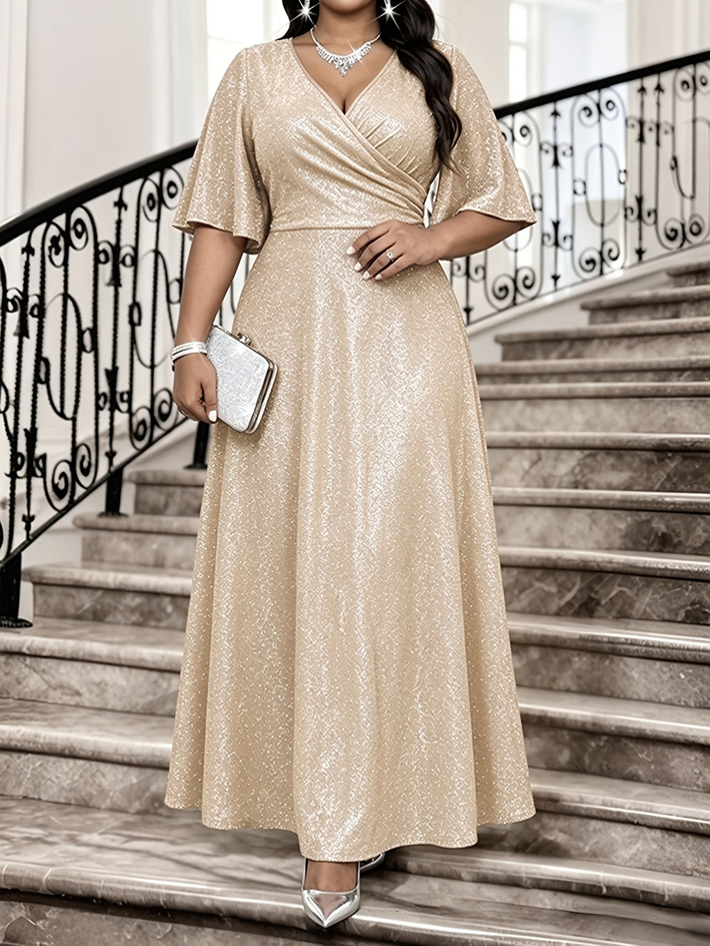 Robe longue grande taille — Cache-cœur lamé rose poudré