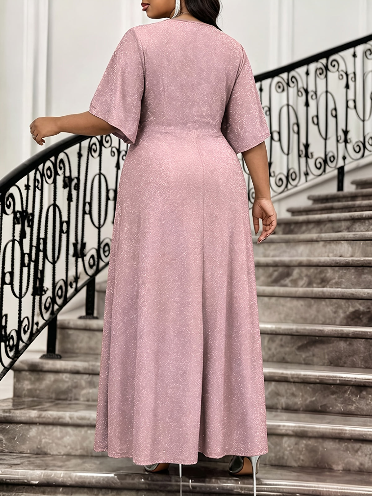 Robe longue grande taille — Cache-cœur lamé rose poudré