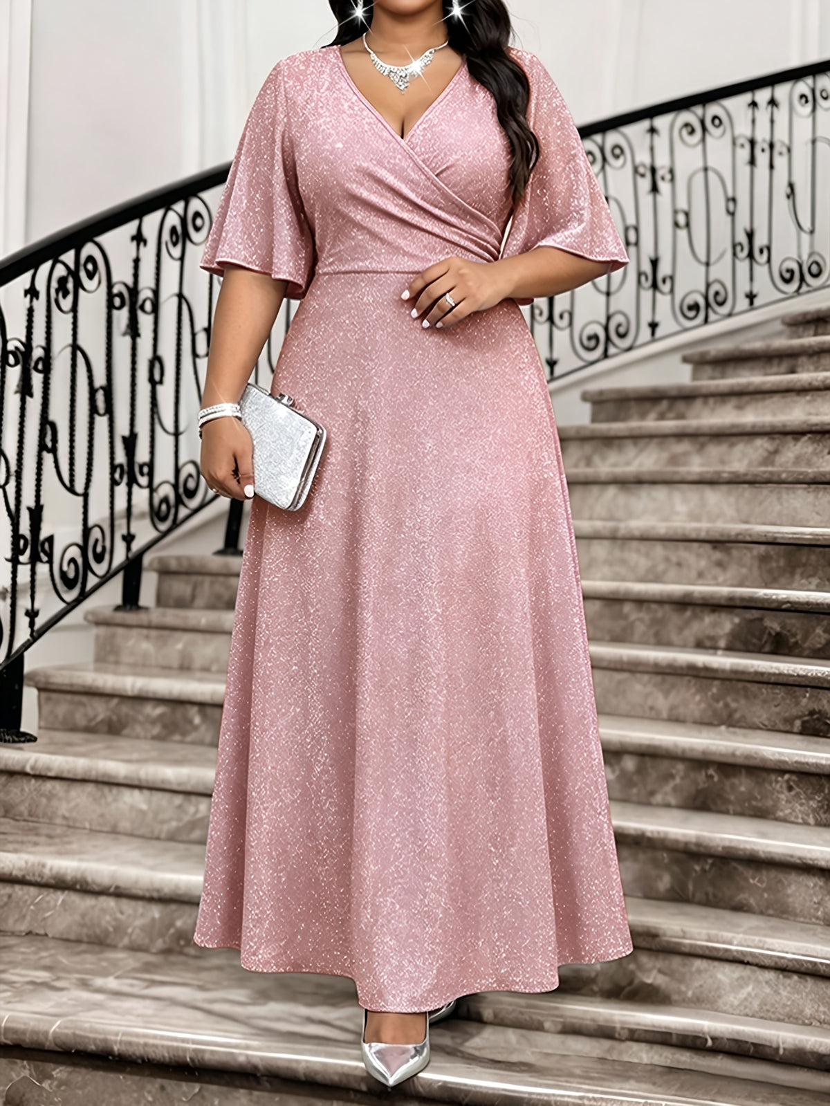 Robe longue grande taille — Cache-cœur lamé rose poudré