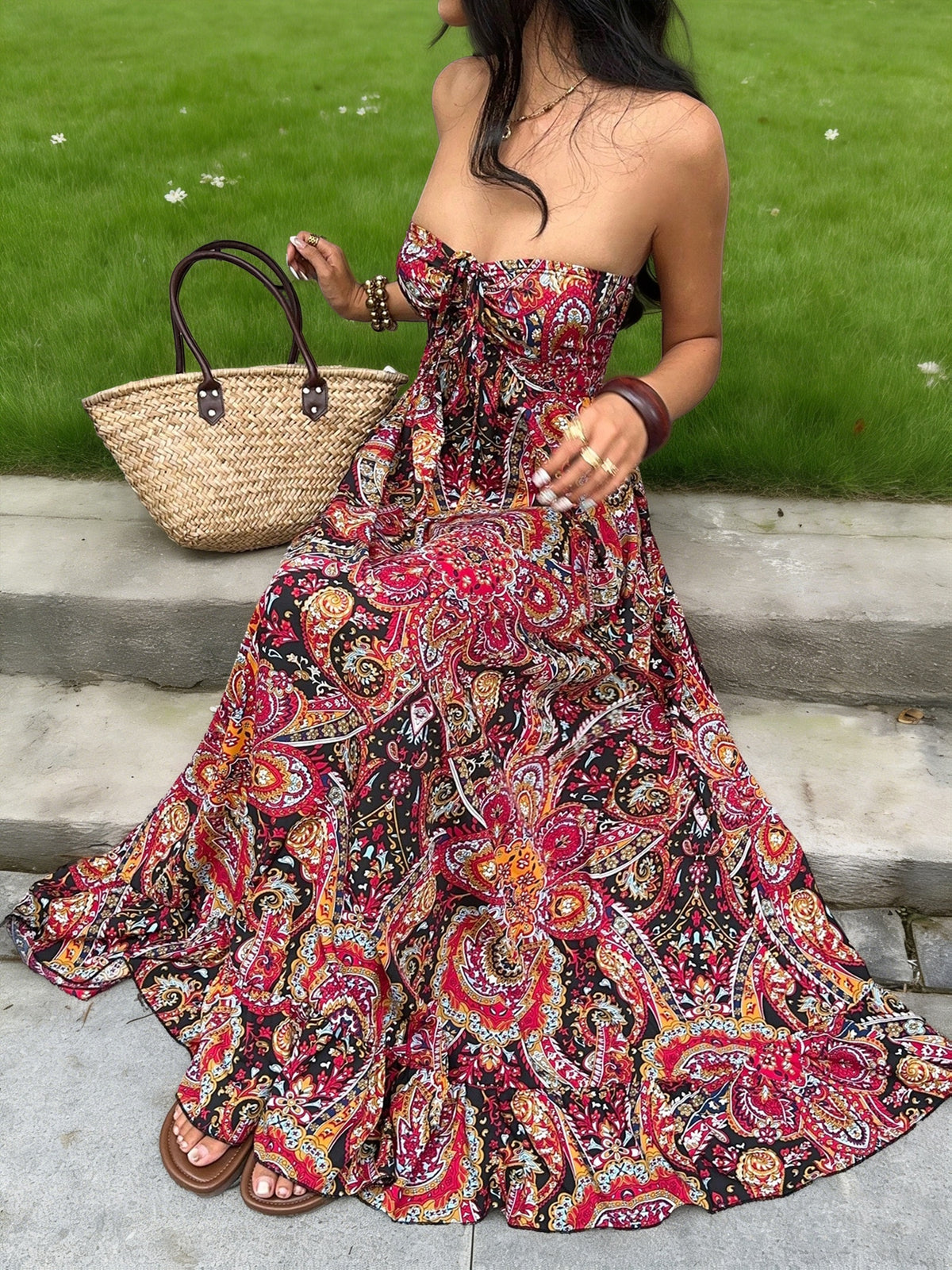 Robe longue grande taille — Cachemire bohème et bandeau licou