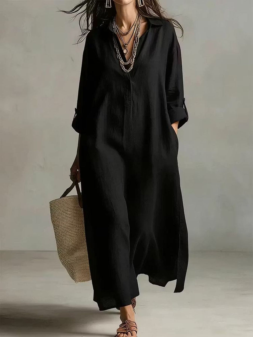 Robe longue grande taille — Aspect lin et fentes hautes