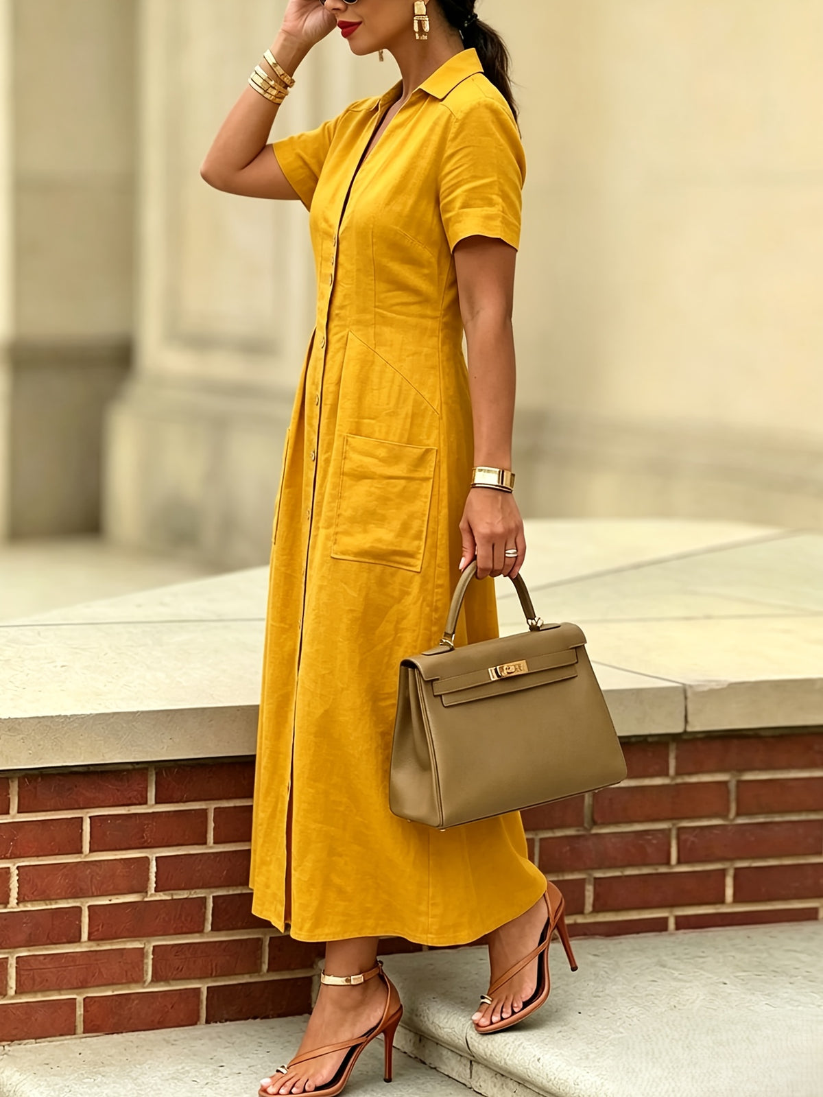 Robe longue grande taille — Chemise moutarde à poches plaquées