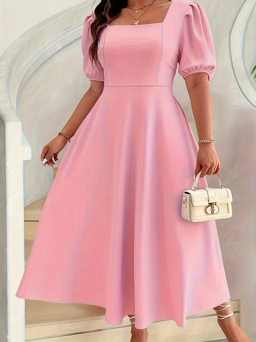 Robe longue grande taille — Col carré, trois coloris unis