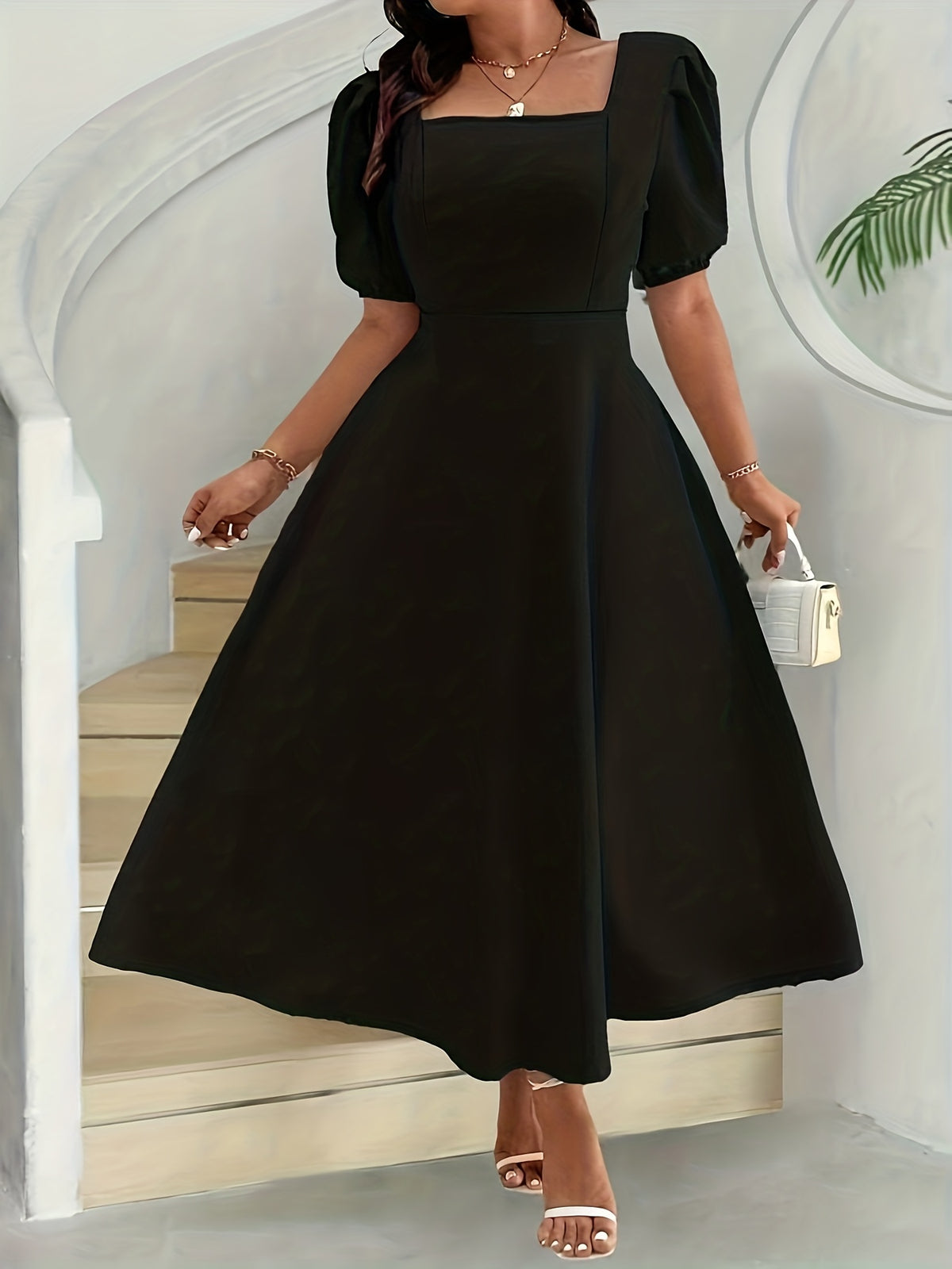 Robe longue grande taille — Col carré, trois coloris unis