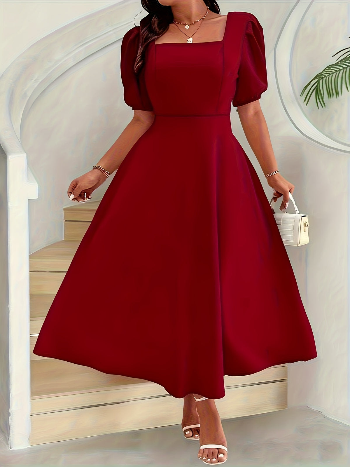 Robe longue grande taille — Col carré, trois coloris unis