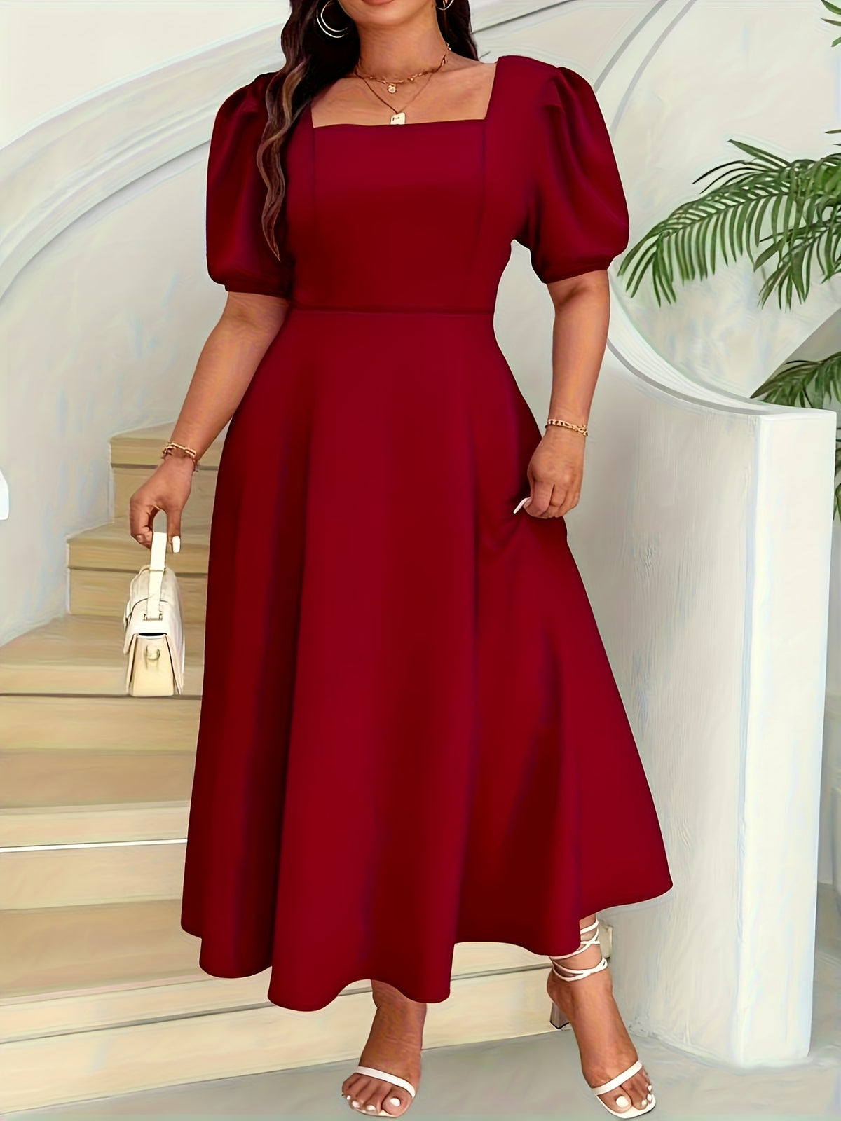 Robe longue grande taille — Col carré, trois coloris unis