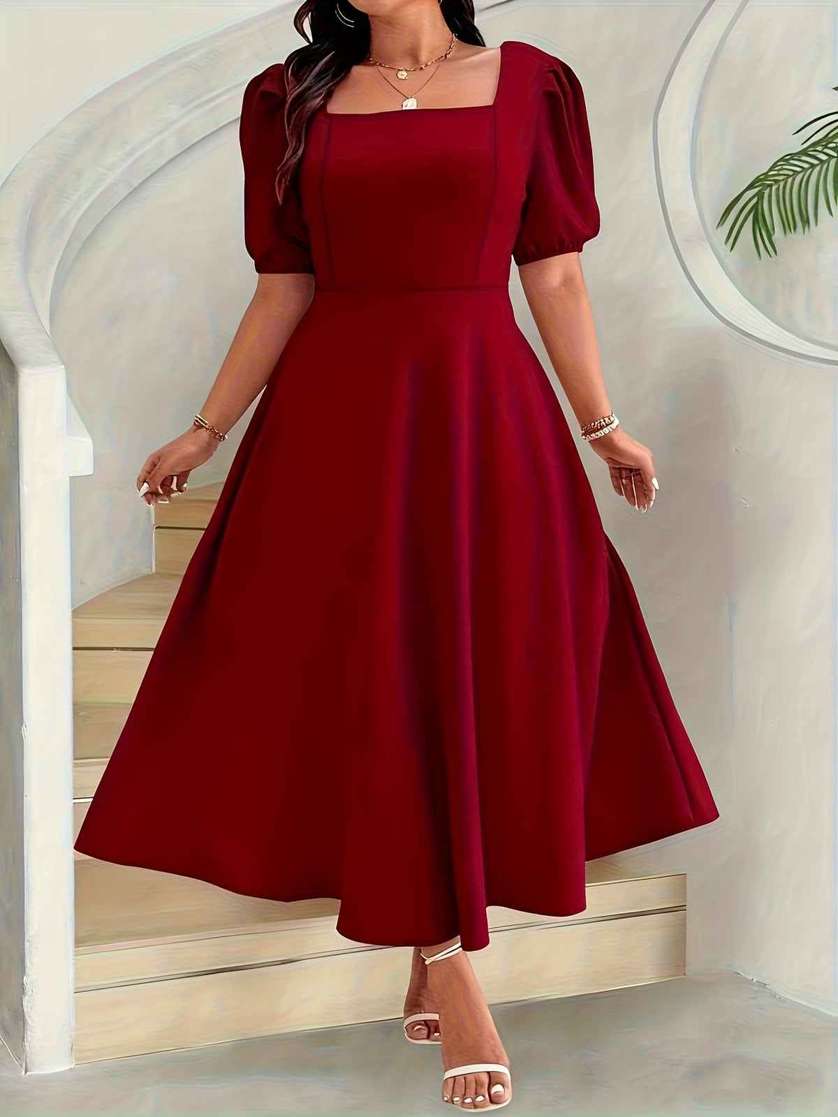 Robe longue grande taille — Col carré, trois coloris unis