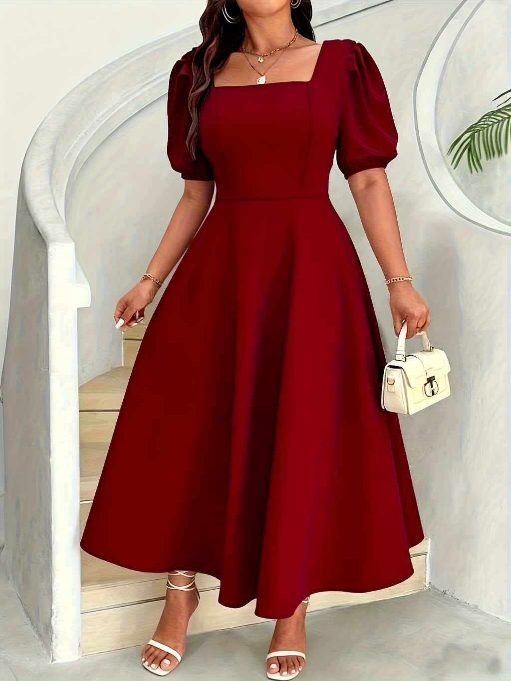 Robe longue grande taille — Col carré, trois coloris unis