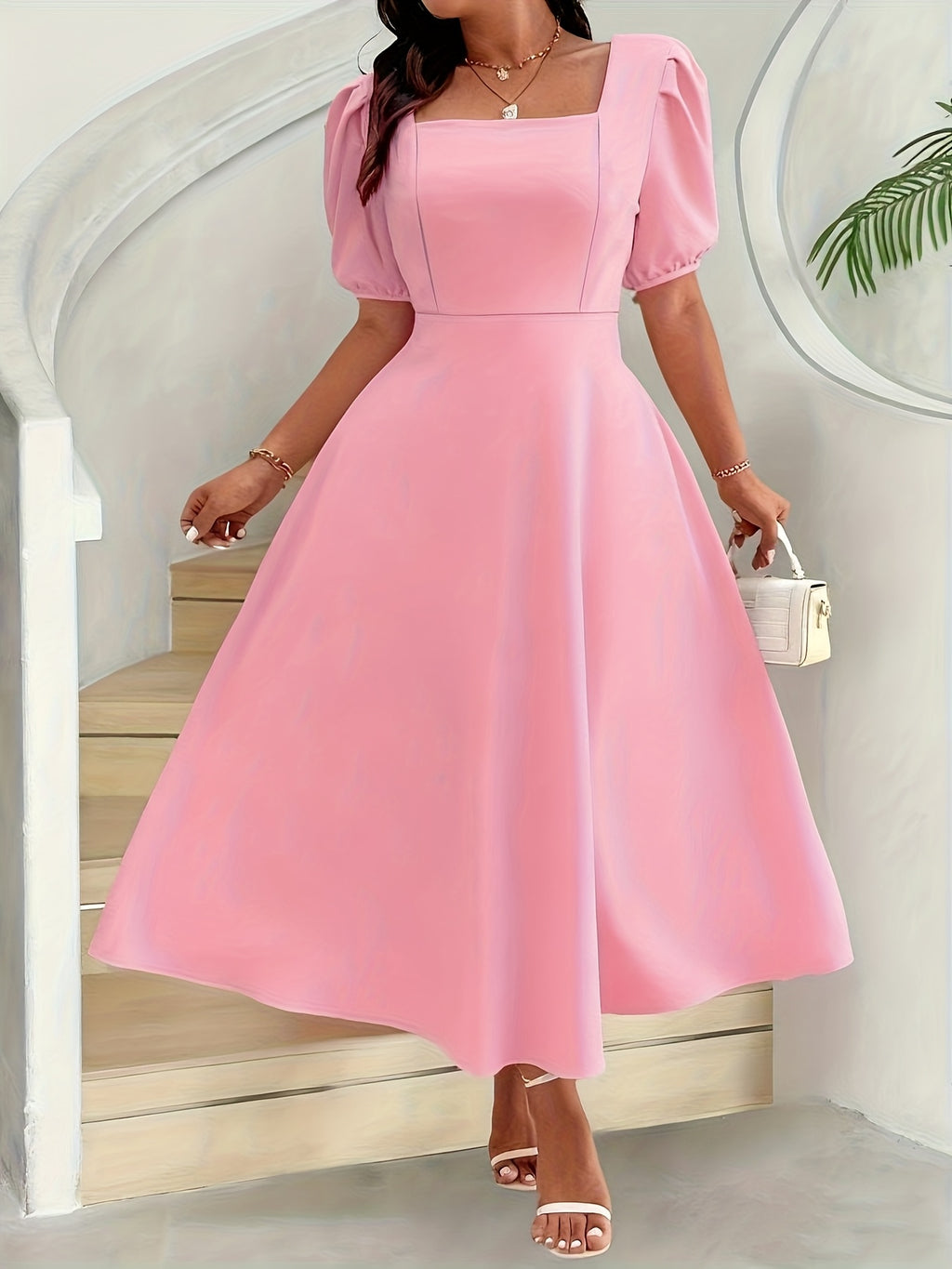 Robe longue grande taille — Col carré, trois coloris unis