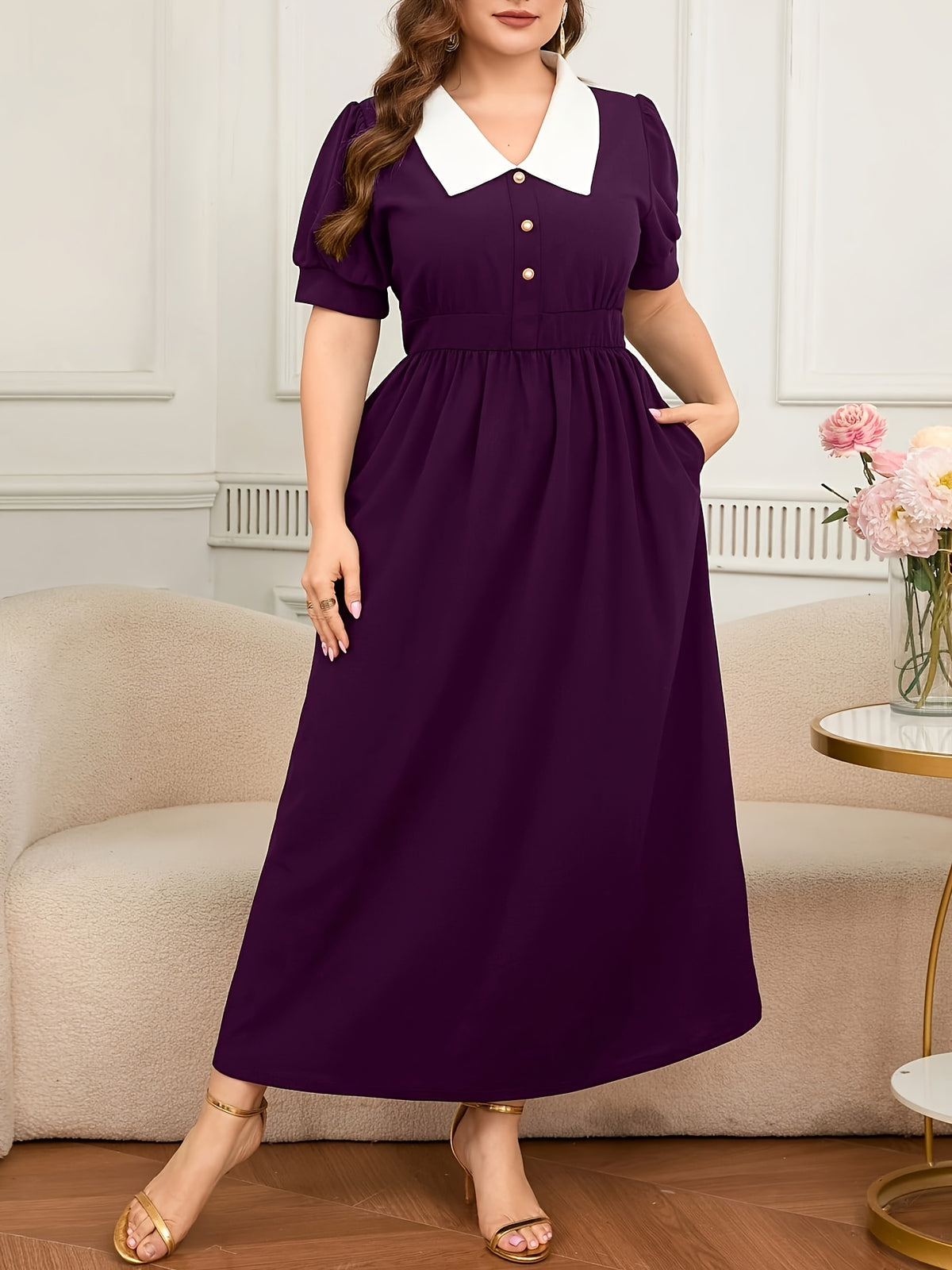 Robe longue grande taille — Col claudine blanc et poches