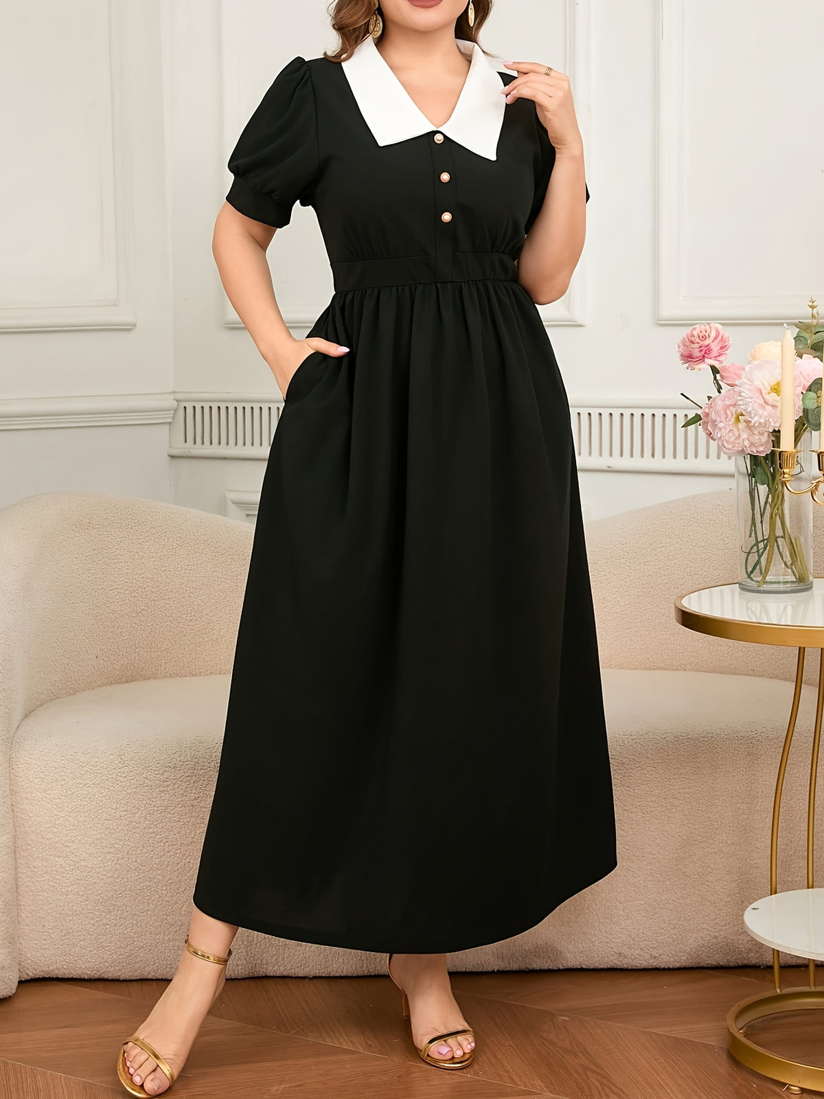 Robe longue grande taille — Col claudine blanc et poches