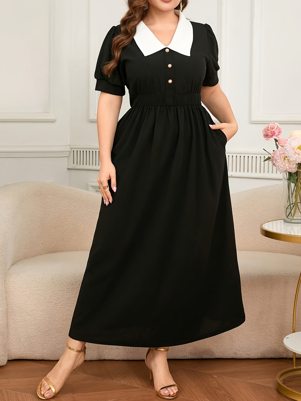 Robe longue grande taille — Col claudine blanc et poches