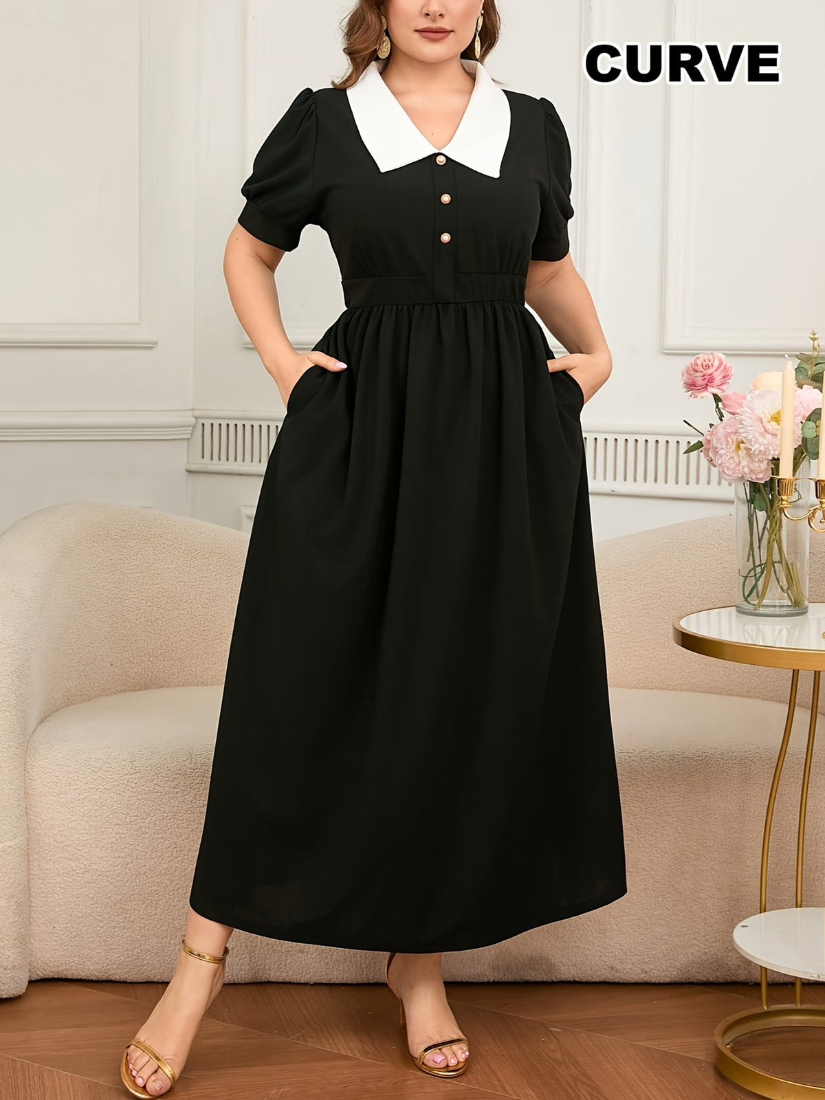 Robe longue grande taille — Col claudine blanc et poches