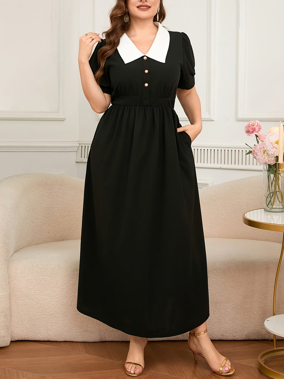 Robe longue grande taille — Col claudine blanc et poches