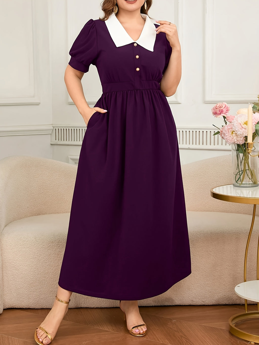 Robe longue grande taille — Col claudine blanc et poches