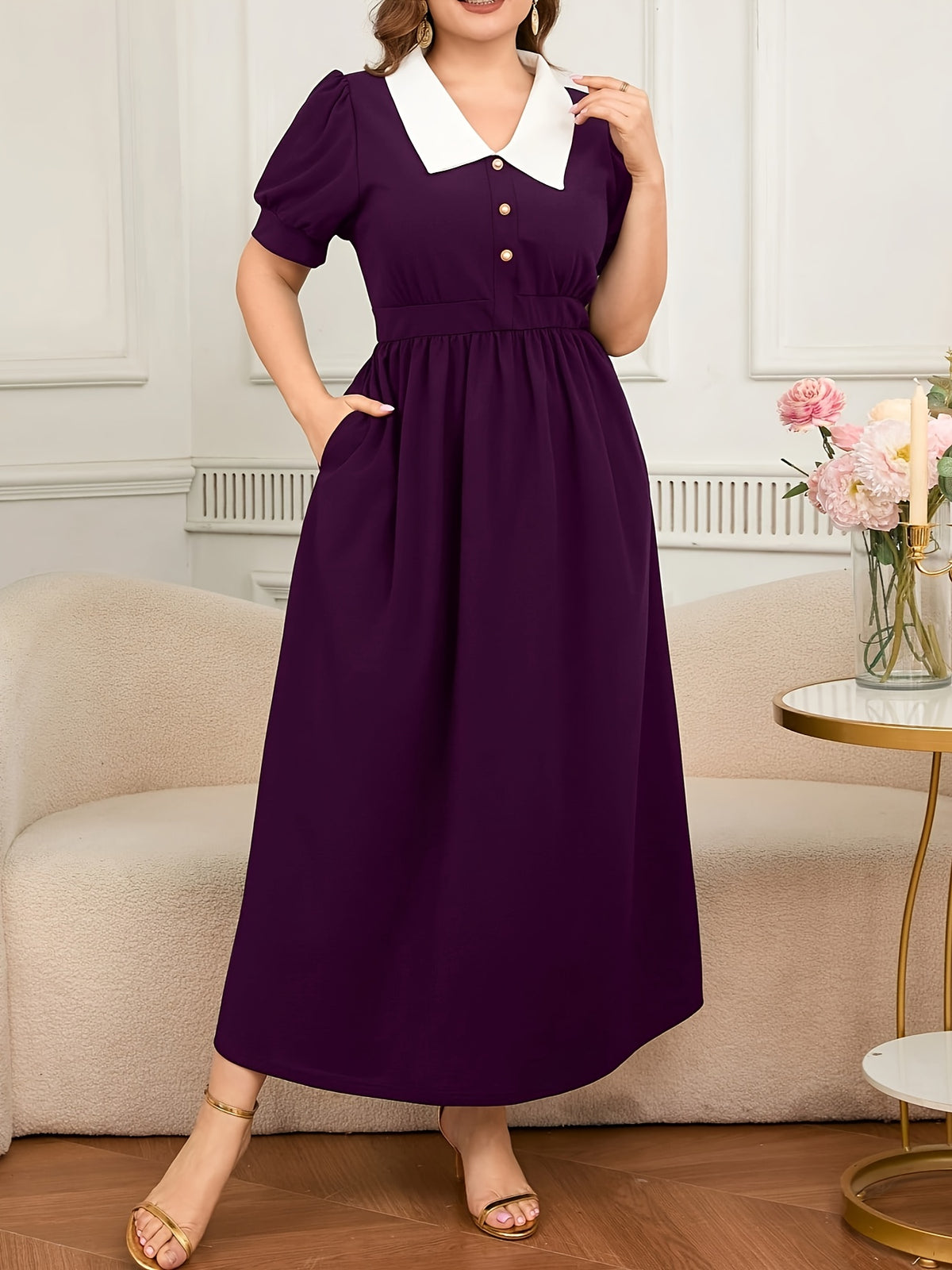 Robe longue grande taille — Col claudine blanc et poches