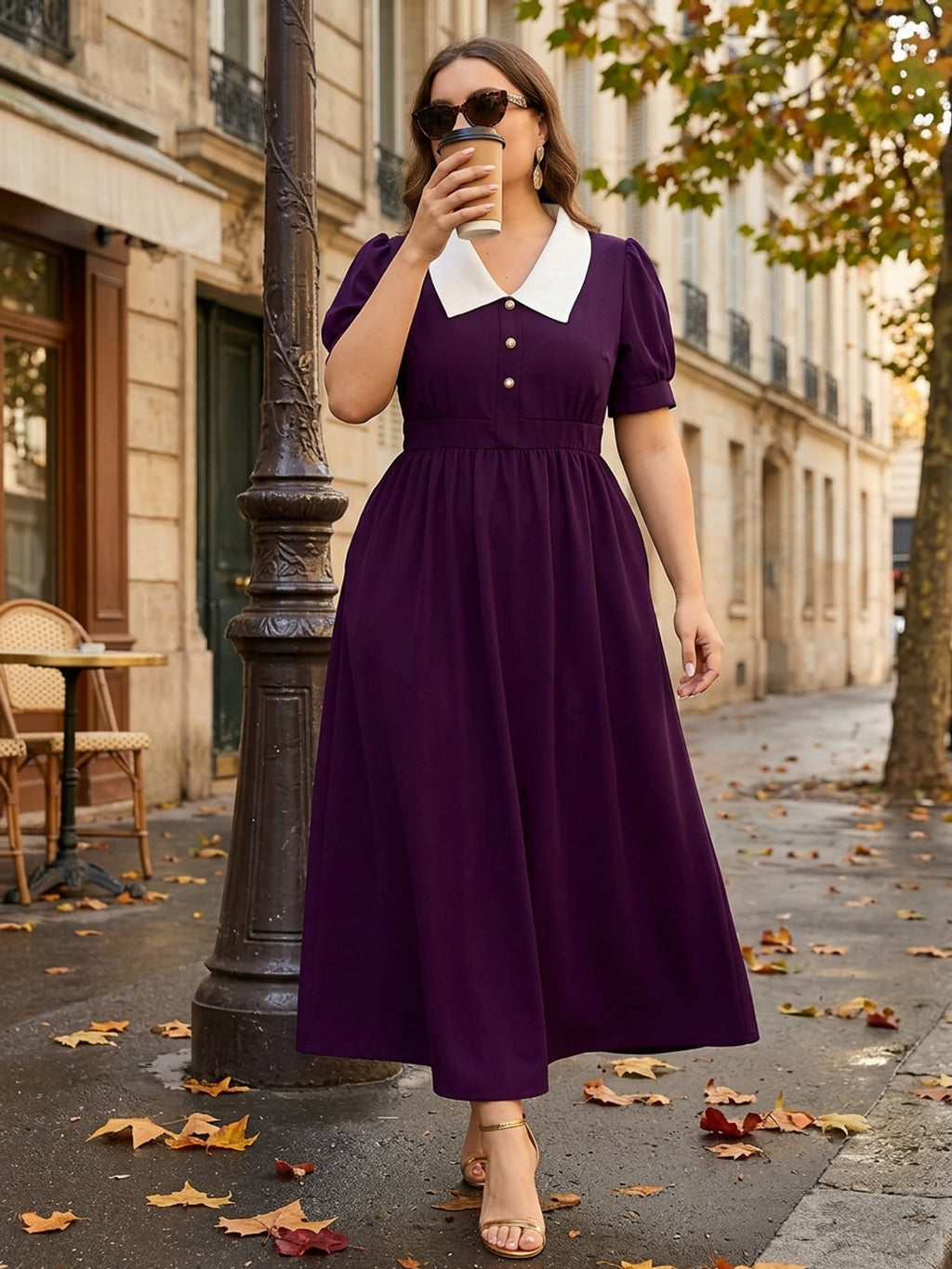 Robe longue grande taille — Col claudine blanc et poches