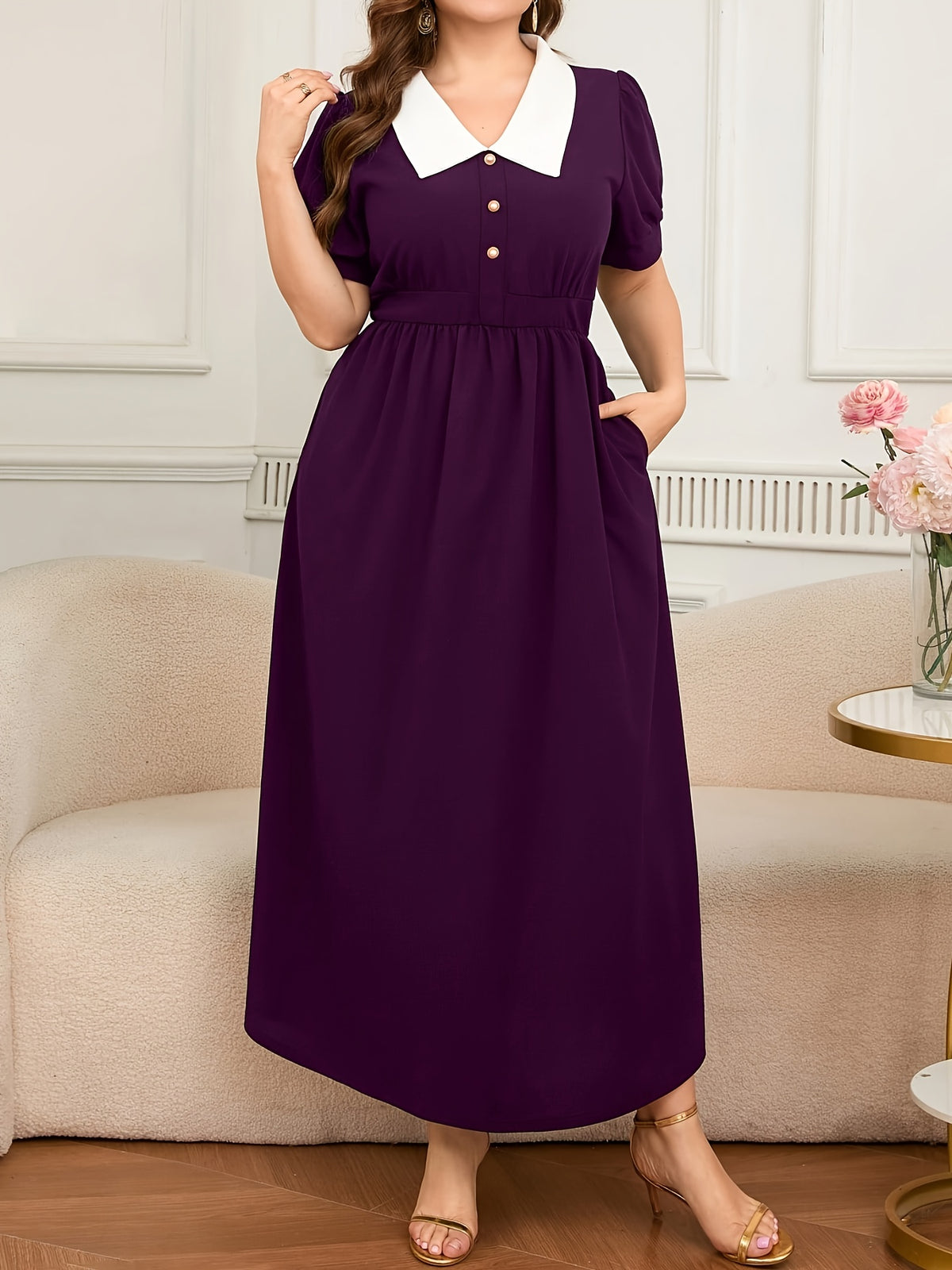 Robe longue grande taille — Col claudine blanc et poches